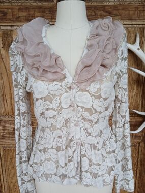 Ryu Sheer White Lace Button-Front Blouse Dusty Rose Ruffle Collar Cottagecore